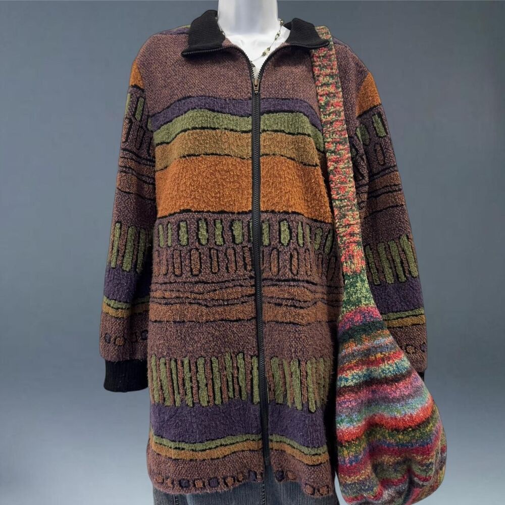 y2k funky earth tones zip up knit sweater coat grunge duffel medium